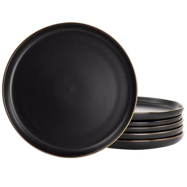 6pc Dinner Plate Set with Rim Matte Black/Gold : Solid Round Plates, Dishwasher & Microwave Safe