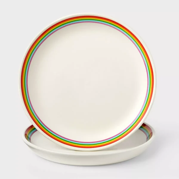 Pride Set of 2 Spill the Tea Rainbow Ceramic Stoneware Snack Plates Cream