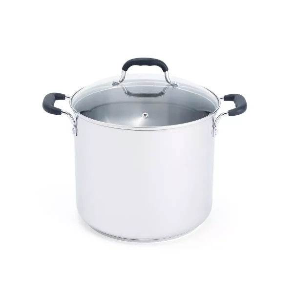 12qt Stock Pot with Lid, Stainless Steel Cookware: Vented Lid, Extra-Deep, Dishwasher & Oven Safe, Silicone Handle